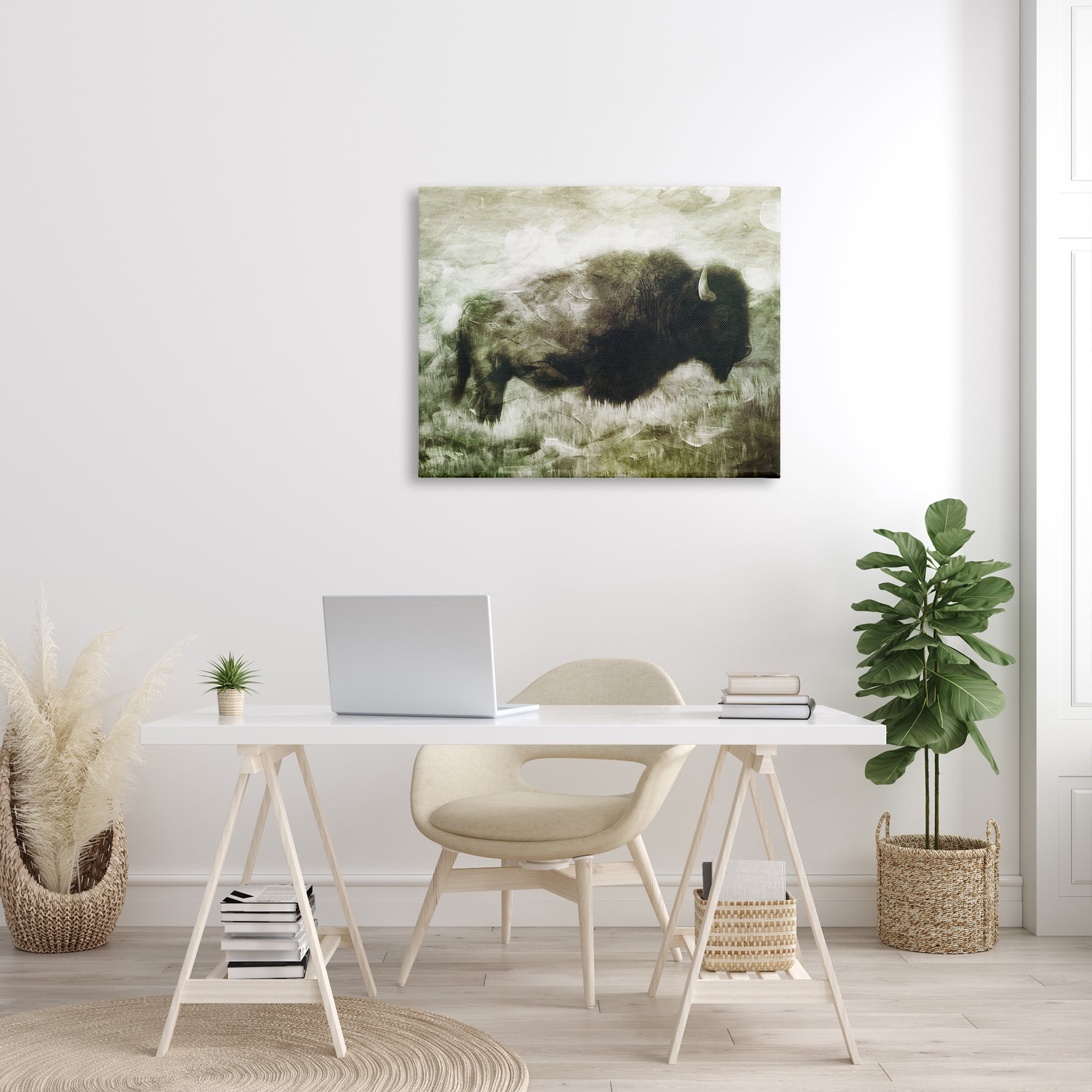 Stupell Industries Vintage Buffalo in Distressed Rustic Field Country Animal Animals & Insects Painting Gallery Wrapped Canvas Print Wall Art, 30 x 40