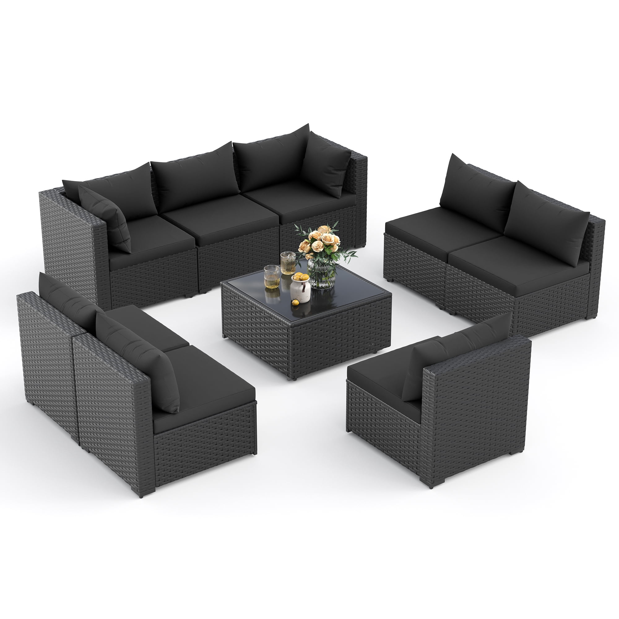 POTEBAN 9 Pieces Patio Conversation Set, Outdoor Black PE Wicker Sectional Sofa for Backyard Garden, Black