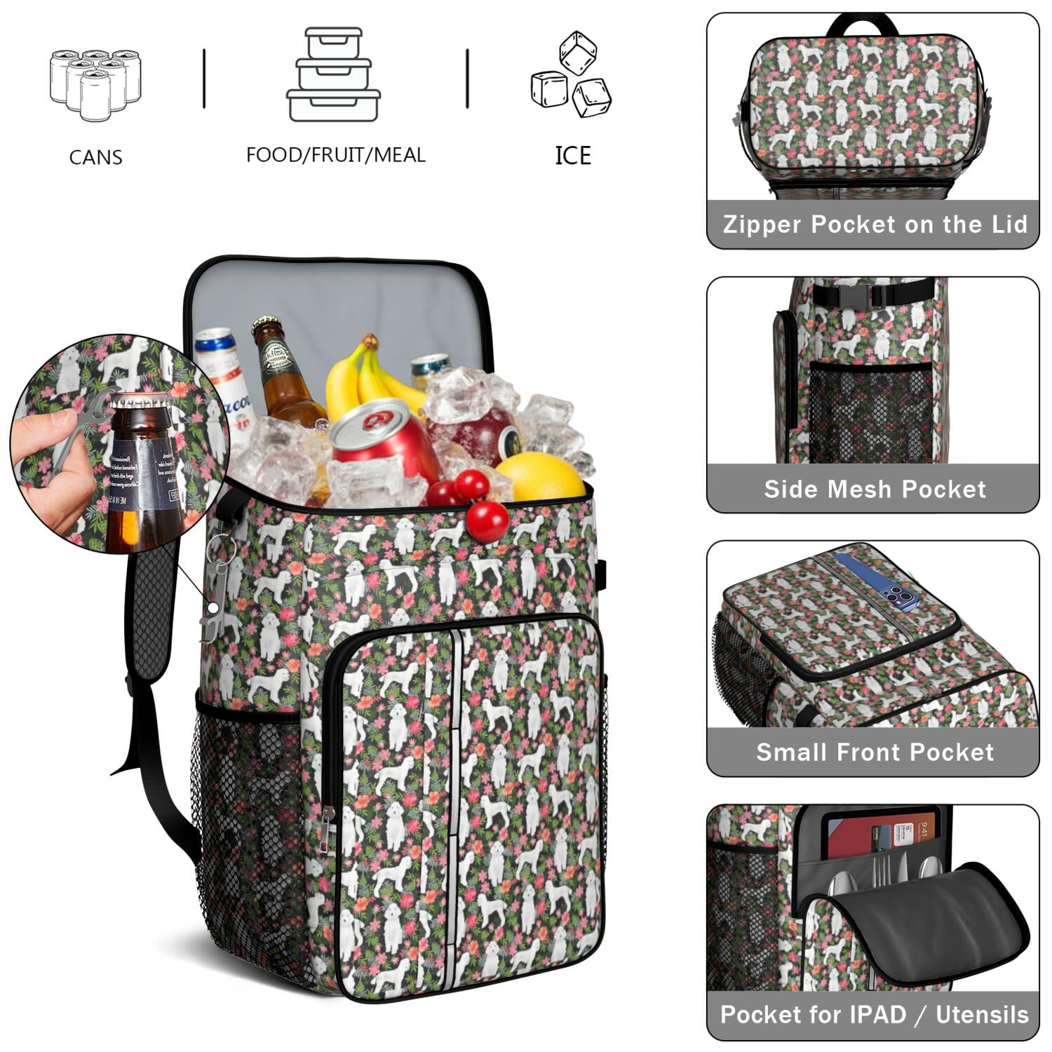Travel Cooler Bag - White Poodle Dog Hawaiian Floral Camping Beer Cooler Backpack with Bottle Opener- Waterproof Insulated Picnic Backpacks - Cooler Bag for Beach