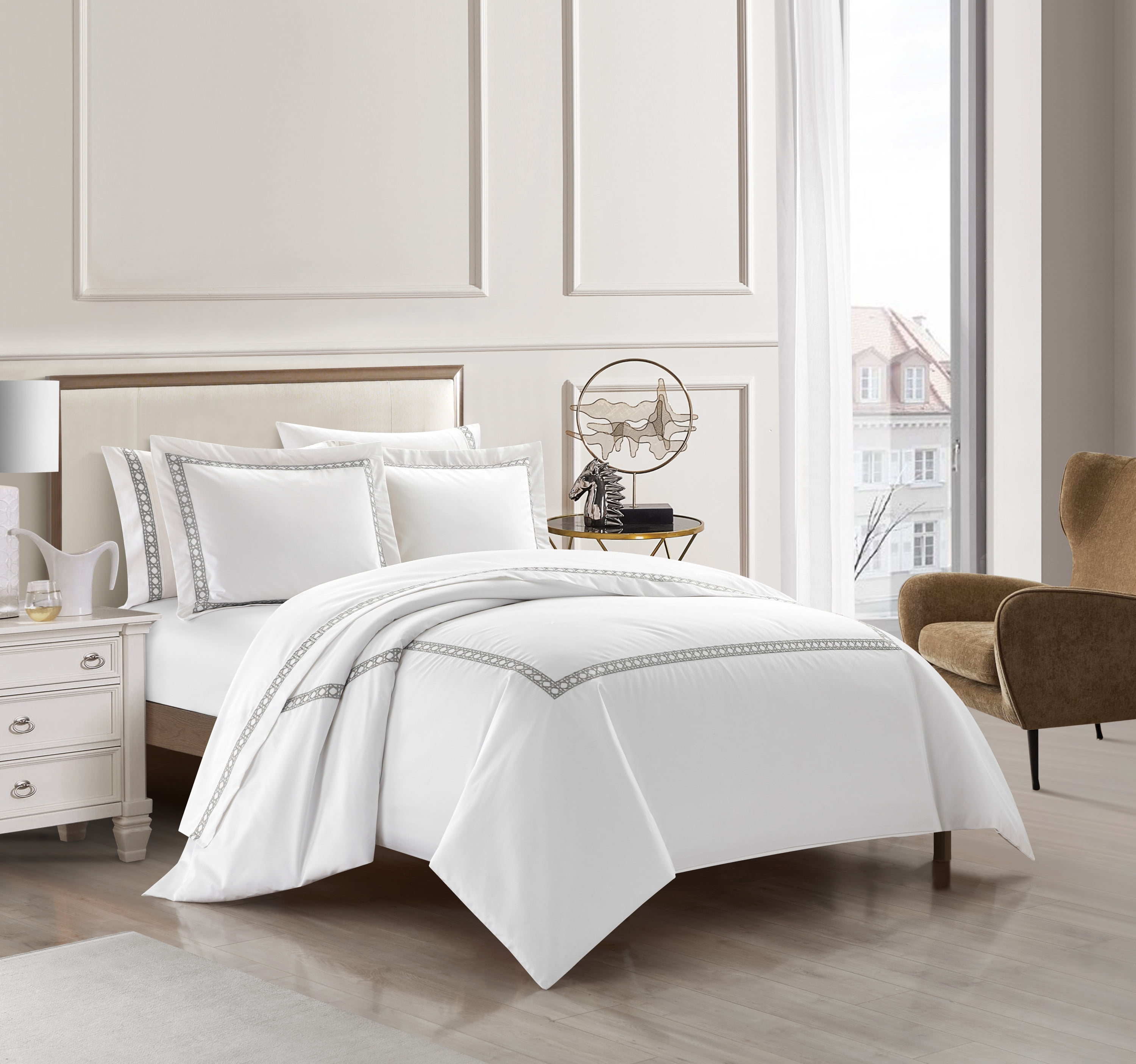 Chic Home Lexah 3-Piece Striped Cotton Duvet Cover Set, Queen, Grey