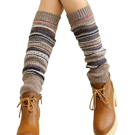 

Mightlink 1 Pair Ethnic Style Striped Print Ribbed Cuffs Knee High Knitted Leg Warmers Autumn Winter Women Warm Boot Stockings