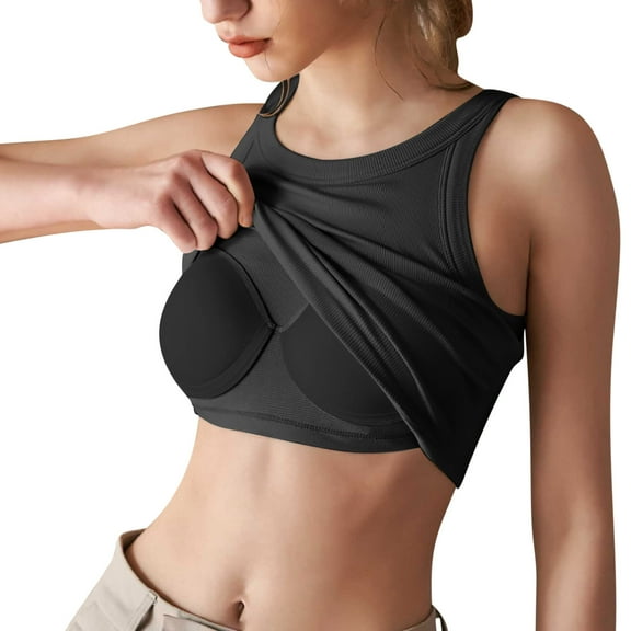 SMihono Women's Bulit-in-Bra Basic Tank Top Fitted Spaghetti Strap Crop Camisole Summer Going Out Undershirts Dark Gray M