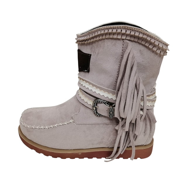 Round Toe Flat Heel Platform Suede Flat Belt Buckle Fringed Short Boots Women's Boots
