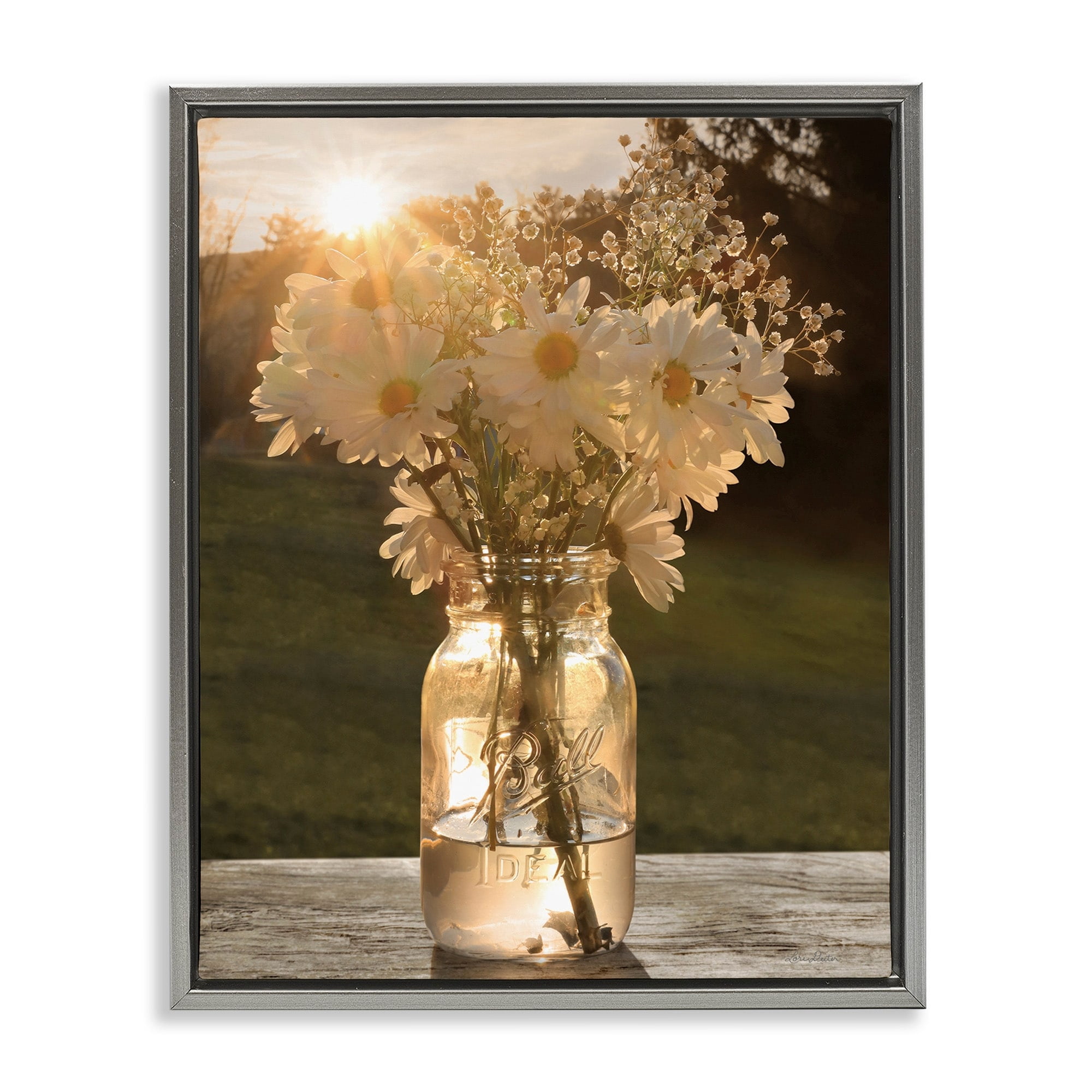 Stupell Industries Warm Meadow Daisies Mason Jar Rural Picnic Flowers Luster Gray Framed Floating Canvas Wall Art, 16x20, by Lori Deiter