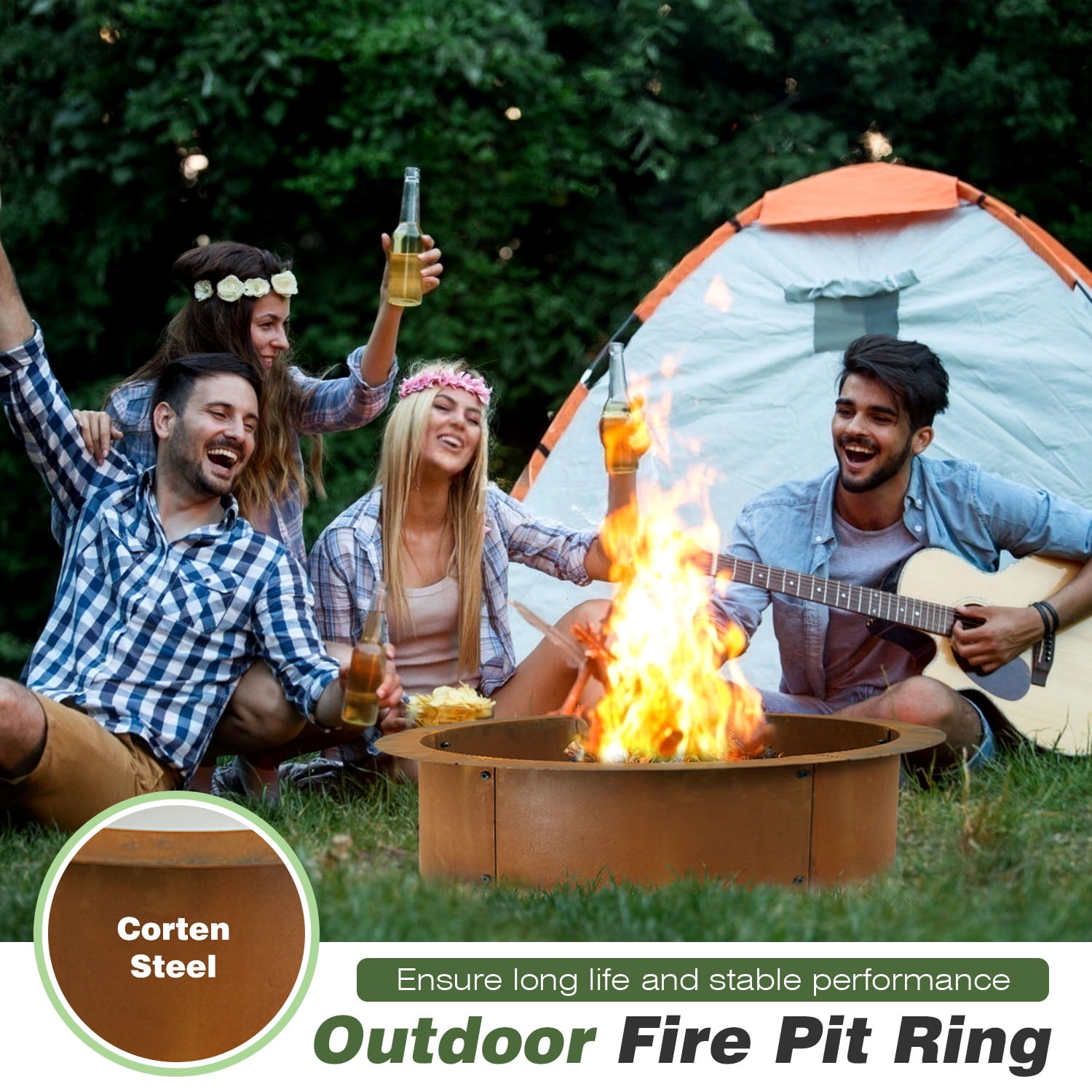 Fire Pit Ring Liner for Outdoor DIY Campfire Wood Burning Fire Pit Ring 3mm Thick Heavy Duty Solid In-Ground Metal Smokeless Firepit Rim Insert for Bonfire Patio Backyard Easy Assembly, Rusty 24"