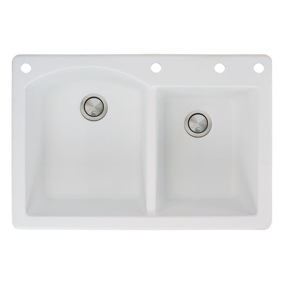 Transolid Aversa 33in x 22in silQ Granite Drop-in Double Bowl Kitchen Sink with 4 BADE Faucet Holes, In White