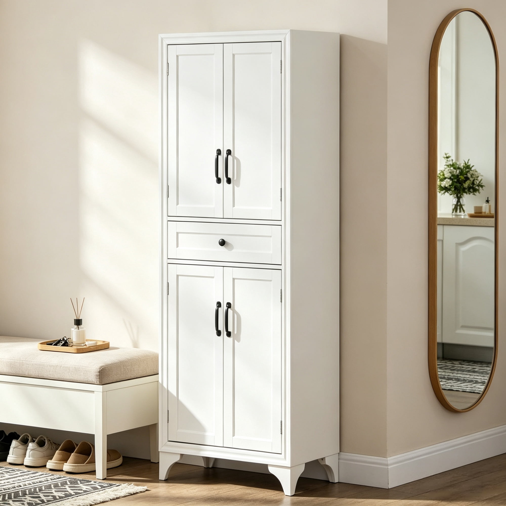 67" 4-Door Kitchen Pantry, with Drawer and Adjustable Shelves, Large-Capacity Storage Cabinet, White