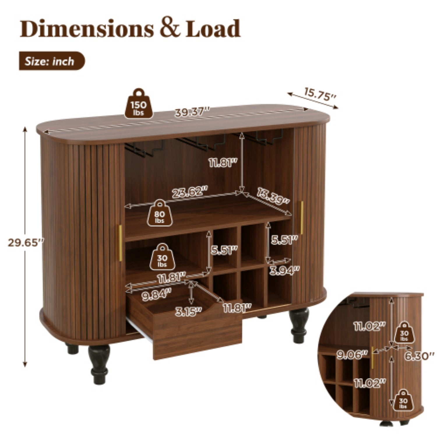 39" Fluted Wine Bar Cabinet, Mid-Century Modern Liquor & Coffee Station with 6 Wine Racks, Glass Holders, Drawer & Side Storage, Walnut