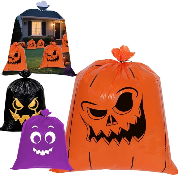 CPHDW7 2 Pack Halloween Yard Bags, Large Plastic Storage Totes with Pumpkin Face Print, Outdoor Holiday Decor Bags for Leaves Garden Lawn