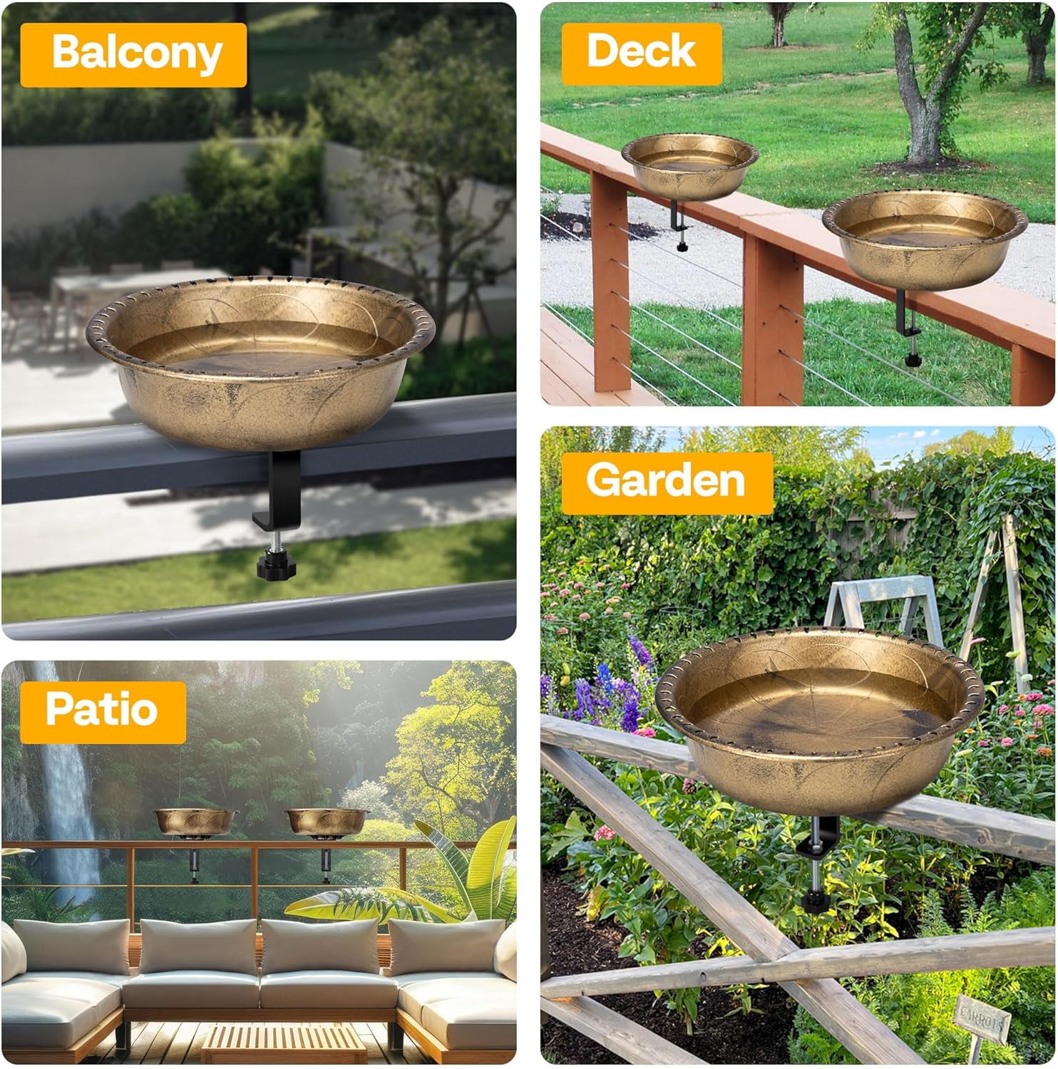 SPECSTAR Deck Mounted Polyresin Bird Bath with Adjustable Sturdy Metal Clamp for Railings up to 3.9 Inch, Capacity 1.4 Gallons for Patio, Gardens, Yard, Deck, Copper