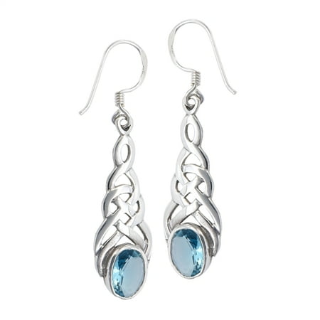 - Sterling Silver Celtic Knot Simulated Blue Topaz Hook Earrings