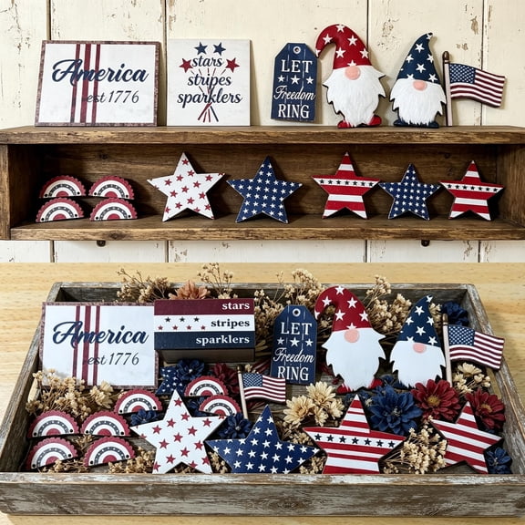 AYktou 13 Pcs 4th of July Tiered Tray Decor, Rustic Patriotic 250th Anniversary Table Wooden Sign, Independence Day Red White Blue USA Flag Star Gnome Farmhouse Table Card Wooden Block Table Decor