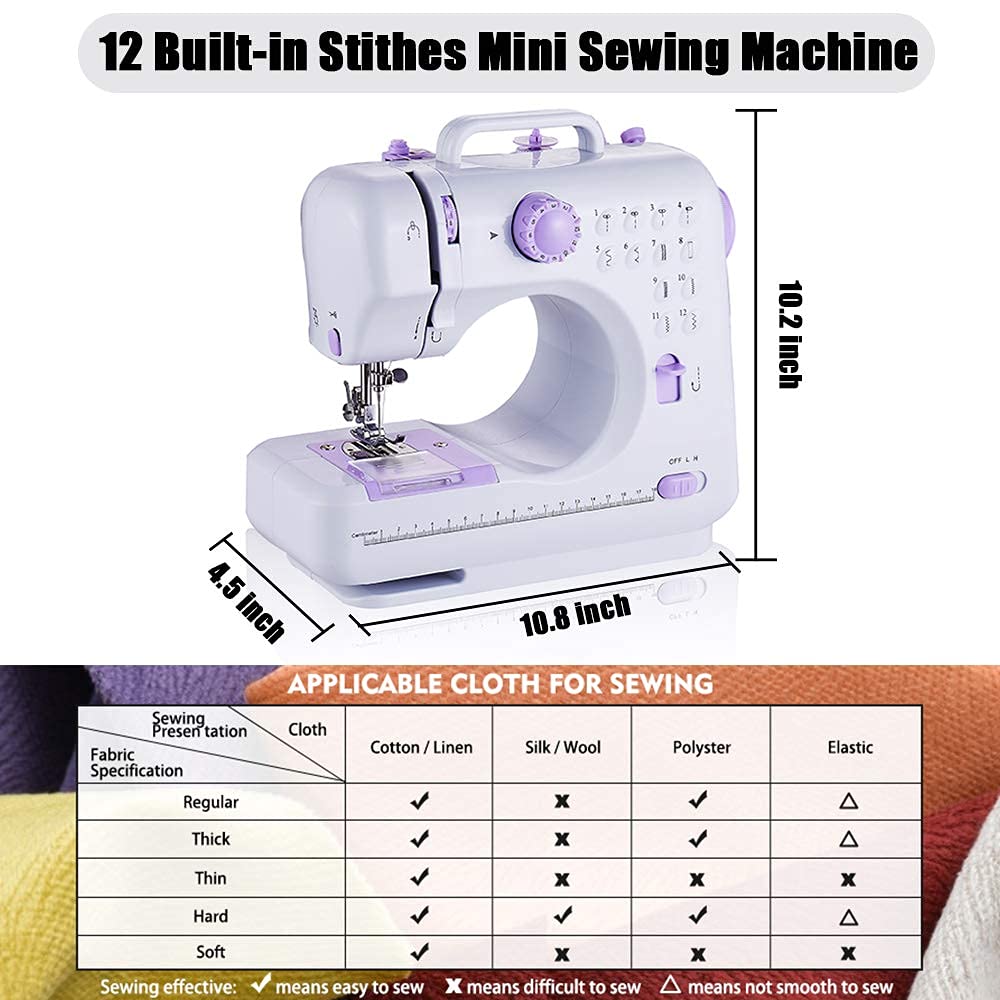Portable Sewing Machine, 12 Stitches Mini Sewing Machine Handheld Electric Sew Machines for Beginners Kids with LED Light,White