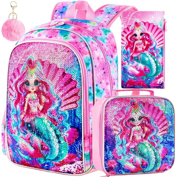 Set de Mochila AGSDON Sirena 41 cm con Lentejuelas para Niñas y Lonchera