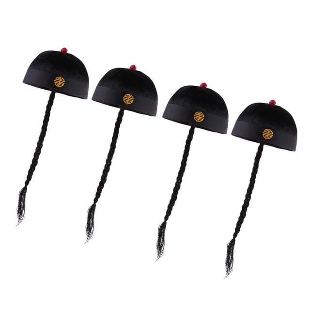 4x Sombrero Negro con Cola de Caballo Artificial de Niños Casquillo Oriental Chino Traje de Funcionamiento de Etapa Baoblaze Sombrero Oriental Vintage