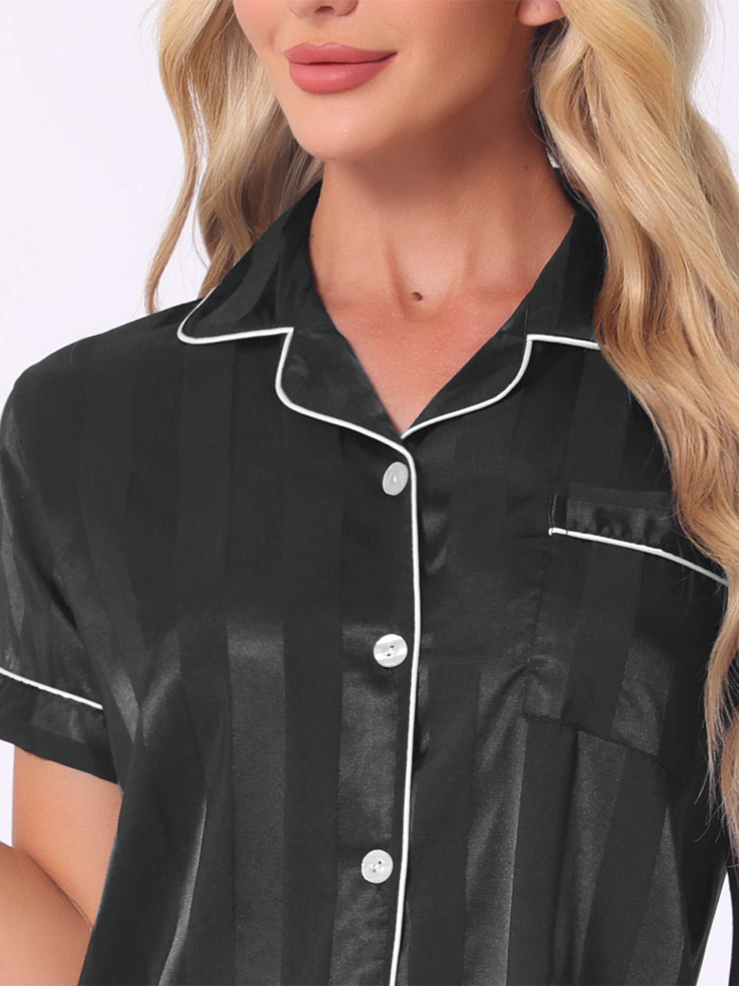 DARING DIVA Women's Satin Front Single Pocket Pajamas Sets M Black