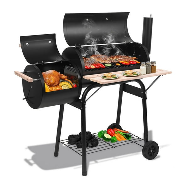 Charcoal Grill Outdoor Barrel Grill, 30 inch BBQ Grill with Warming Rack & Foldable Side Shelf, Offset Smoker Grill with Thermometer for Outdoor Cooking, Black