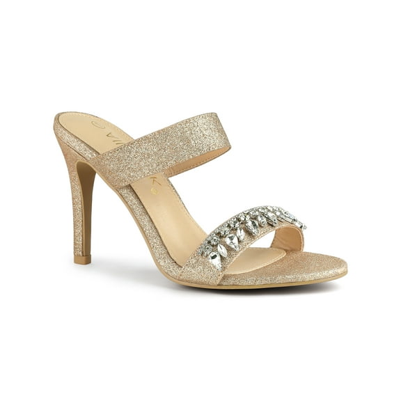 BLISSFUL STEP Women's Glitter Rhines Stiletto Heel Sandals Gold 8
