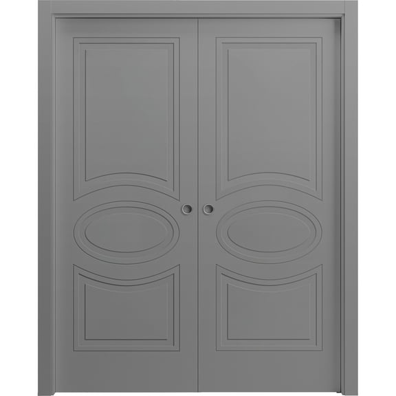 Sliding French Double Pocket Doors 36 x 80 inches / Mela 7001 Painted Grey / Kit Rail Hardware / MDF Interior Bedroom Modern Doors