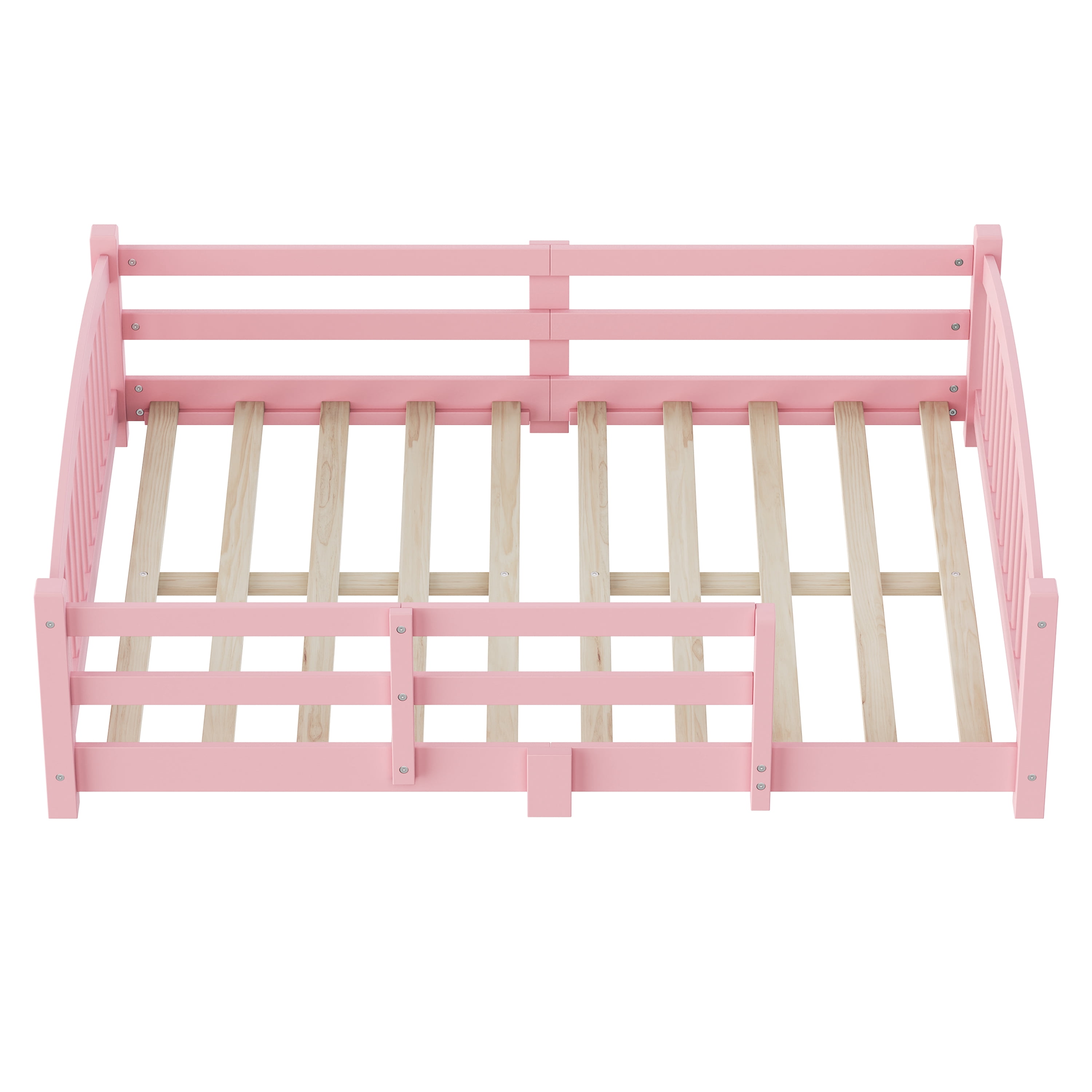 Harper & Bright Designs Full Montessori Floor Bed with Safety Guardrails, Solid Wood Floor Bed with Fence for Girls and Boys Bedroom, Pink