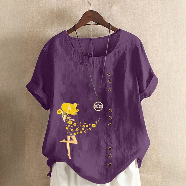Fiudx Ofertas Relámpago Top de Manga Corta con Cuello Redondo y Botones Regulares con Estampado Sexy de Verano para Mujer