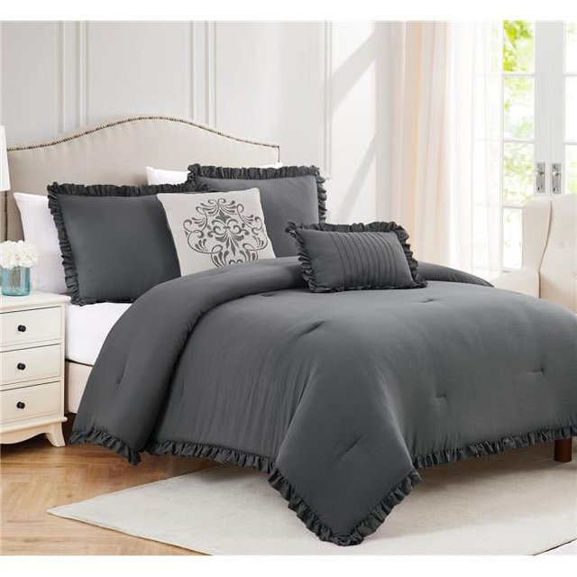 RT Designers Collection CMP11017Q Portland Washed Ruffled Comforter Set, Charcoal - Queen Size - 5 Piece
