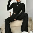 thumbnail image 4 of Meresysid Women New Knitted Long Sleeve Set Hoodie Loose Pants Two Piece Set Long Sleeve Round Neck Top/Shirt Suit Black, 4 of 8