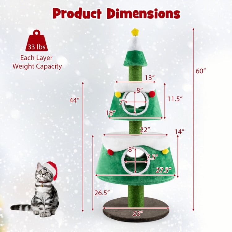 Pefilos 60" Tall Christmas Cat Tree Tower for Indoor Cats, Multi-Level Cute Holiday Cat Tree Play House with 2 Condos, Green