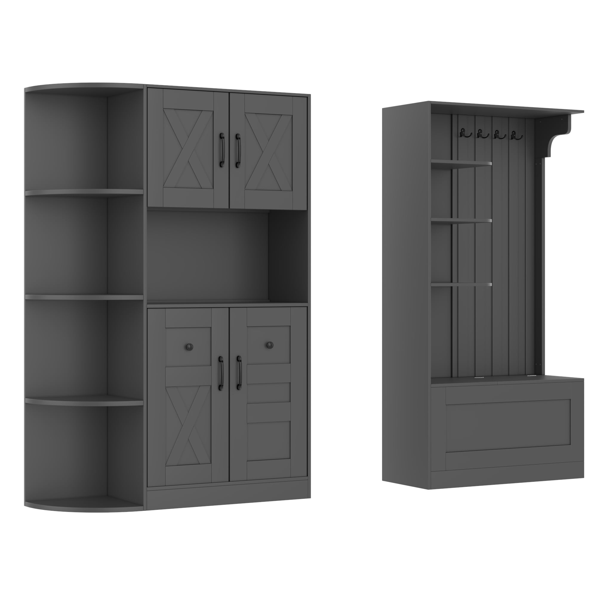 T-Foyer Farmhouse Black Detachable Hall Tree with 4 Hooks & Bench, Wooden Rustic Entryway Organizer with Open Storage & 2 Cabinets