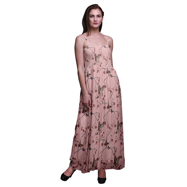 Bimba Robe à Bretelles Spaghetti Smockée Fluide Imprimée Feuilles Sèches & Chardonneret Américain pour Femmes-TTTG Rose