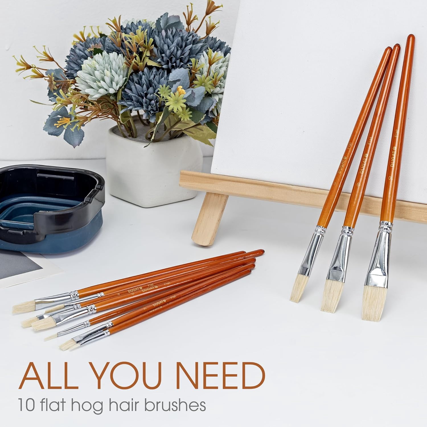 JJEAN-10pc Flat Hog Bristle Paint Brush Set - Short Handle Artist Brushes for Acrylic, Oil, Gouache, Watercolor - Canvas, Fabric & Craft Painting