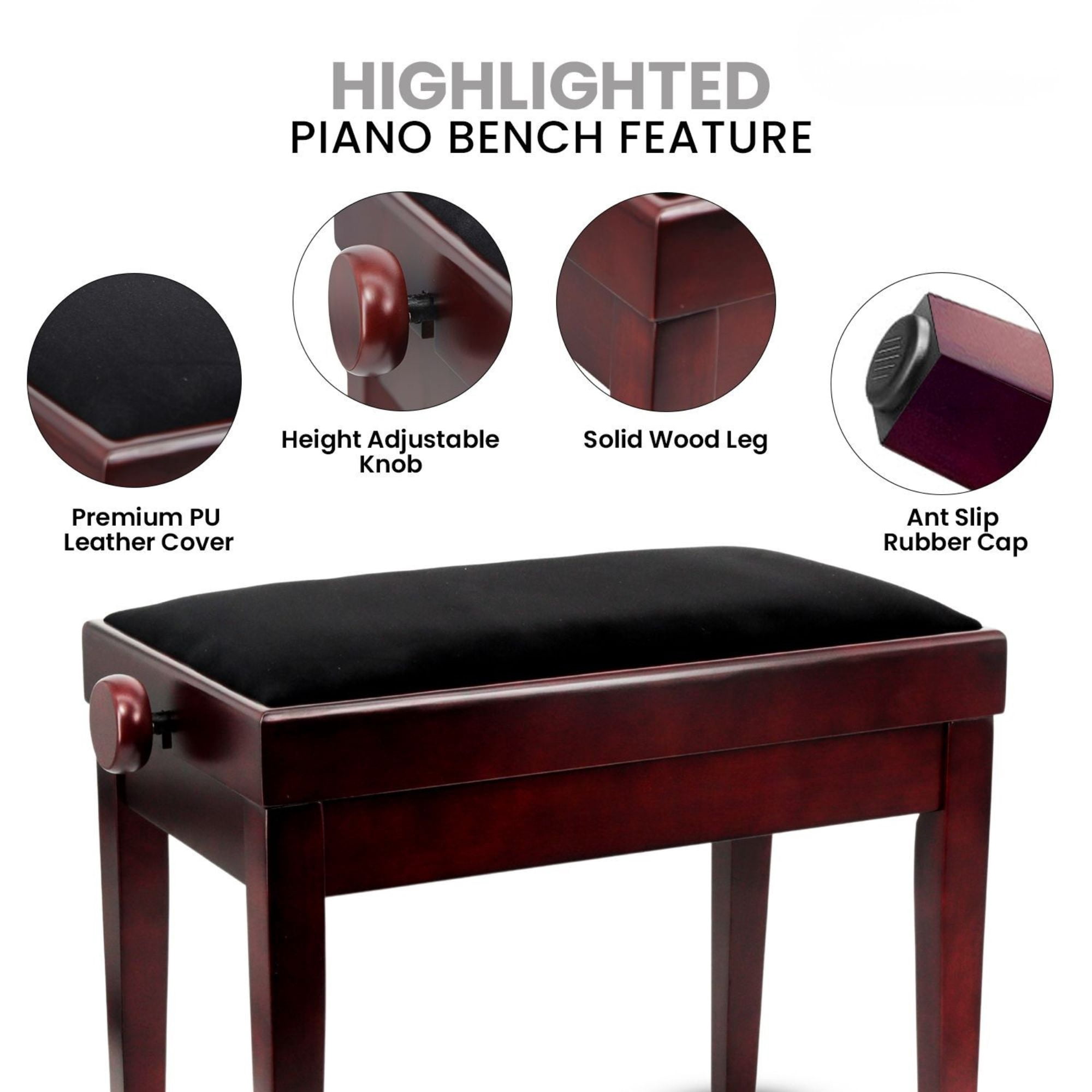 Adjustable Piano Bench - Padded Solid Wood Keyboard Stool (18"-22") - Brown