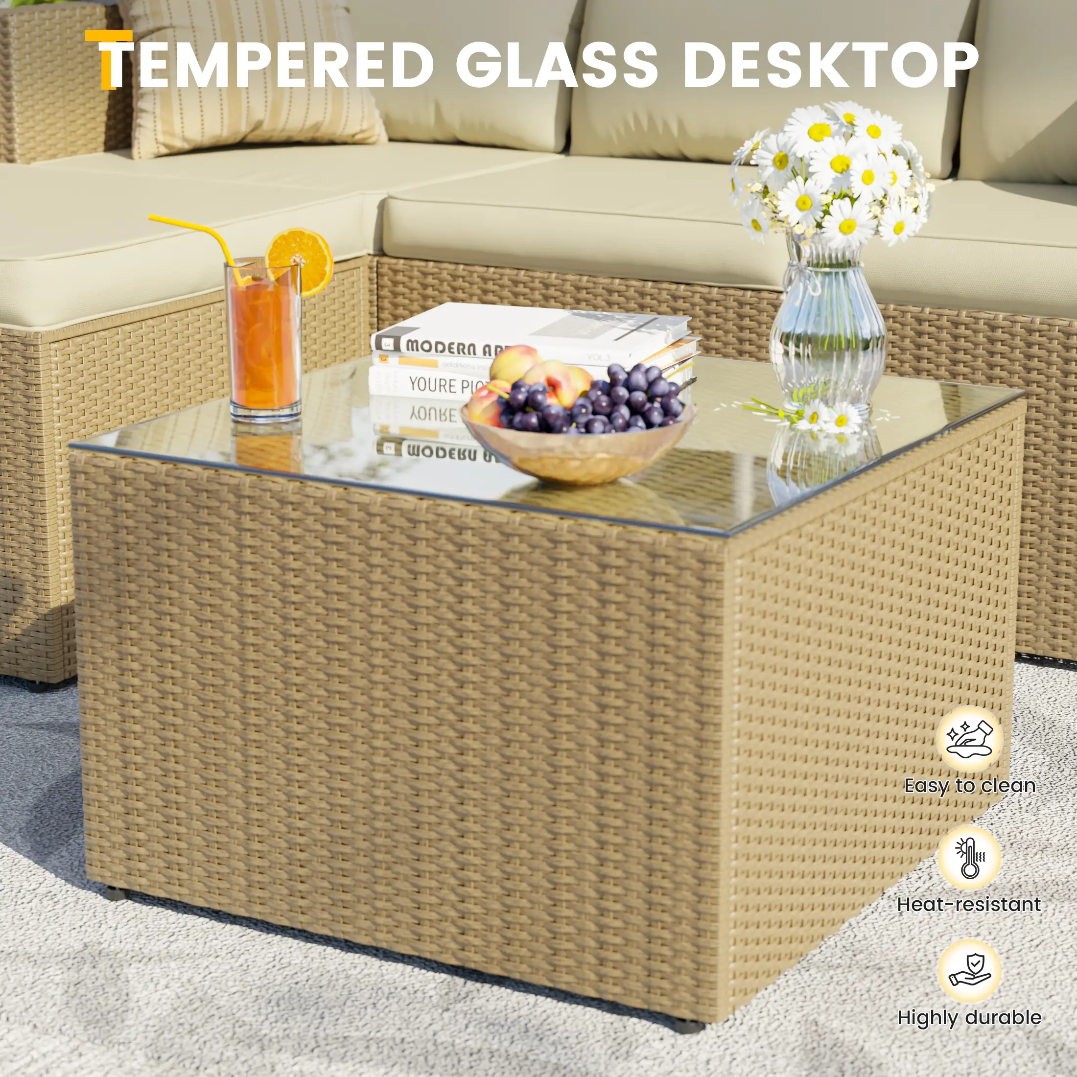 UDPATIO 5-Piece Patio Furniture Set,Outdoor Patio Furniture Set All-Weather Rattan Wicker Patio Conversation Set with Ottoman, Cushions & Glass Table for Garden & Backyard, Cream White