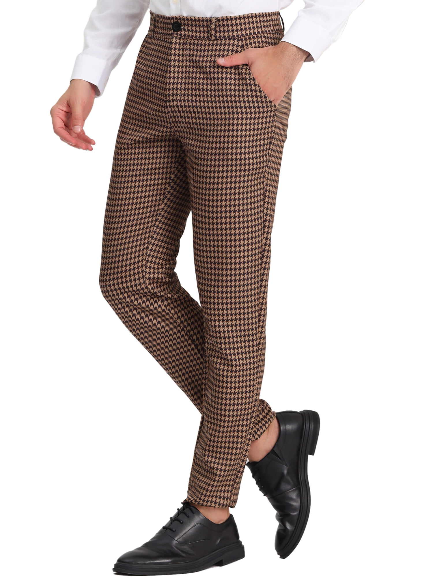 Unique Bargains Men's Geometric Printed Color Block Flat Front Dress Pants 36 Brown