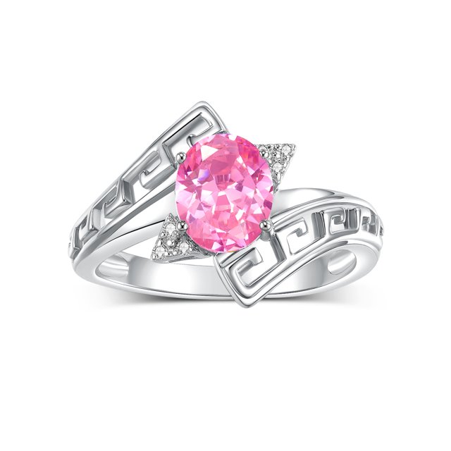 RYLOS Rings for Women Sterling Silver Greek Key Designer Ring 9X7MM Gemstone & Diamond Ring October Pink Ice Jewelry Size 8