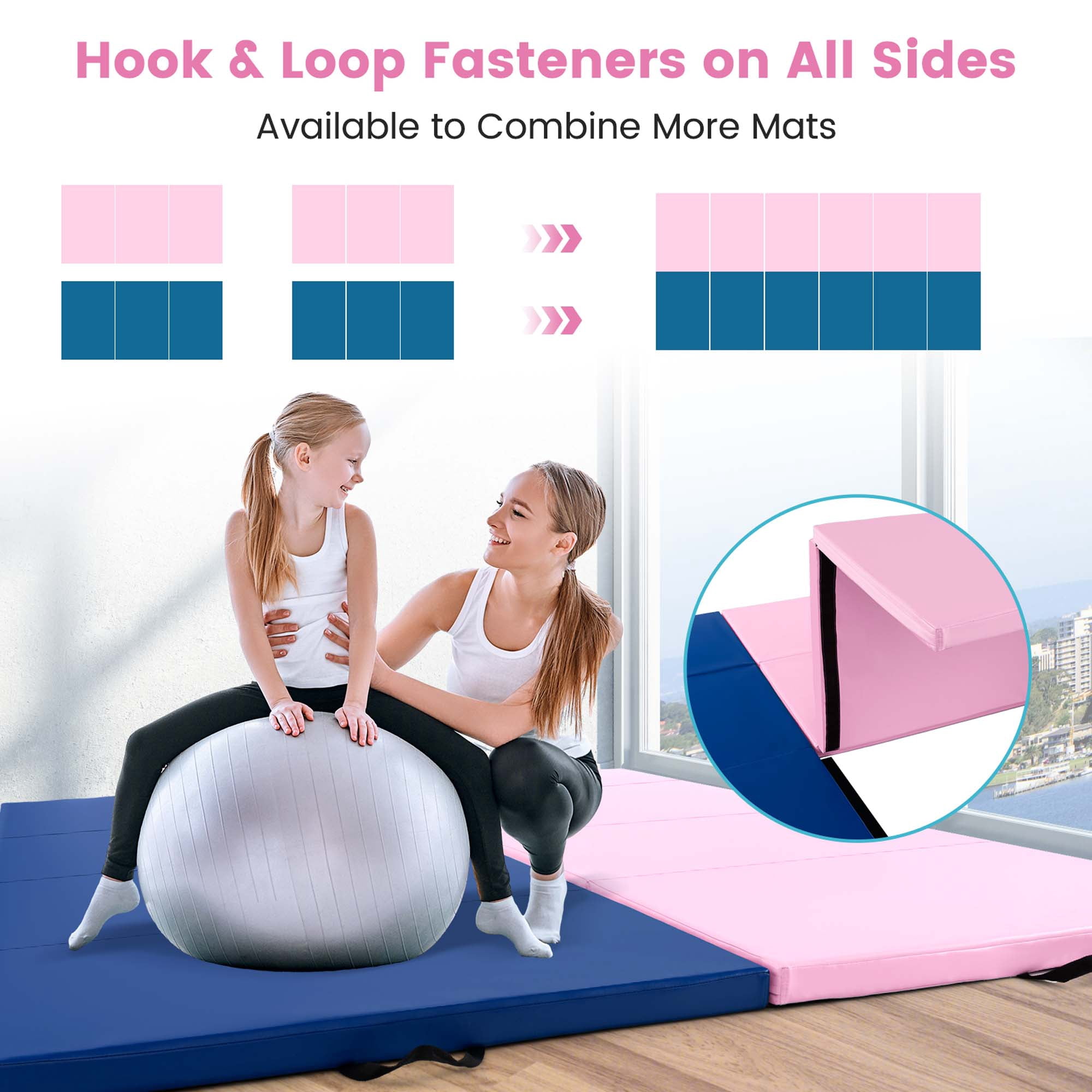 Costway 10' x 4' x 2" 4-Panel Folding Exercise Mat with Carrying Handles for Gym Yoga Light Pink