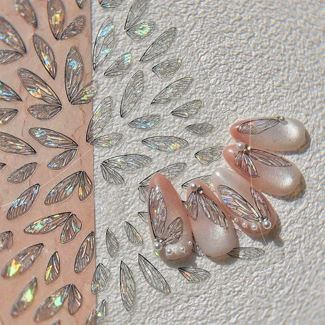 1pc Butterfly Wings Nail Art Stickers - Translucent Fairy Design for DIY Nail Decoration, Self-Adhesive Decals, Laser Finish, Fantasy Theme