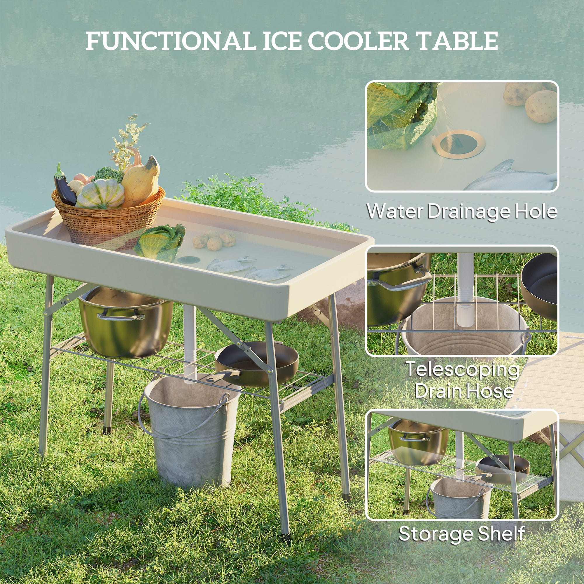 Outsunny 3.4ft Folding Ice Cooler Table with Drain, Fill and Chill Table with Storage Shelf, Drink Cooler for Parties Picnic BBQ Camping Wedding Tan