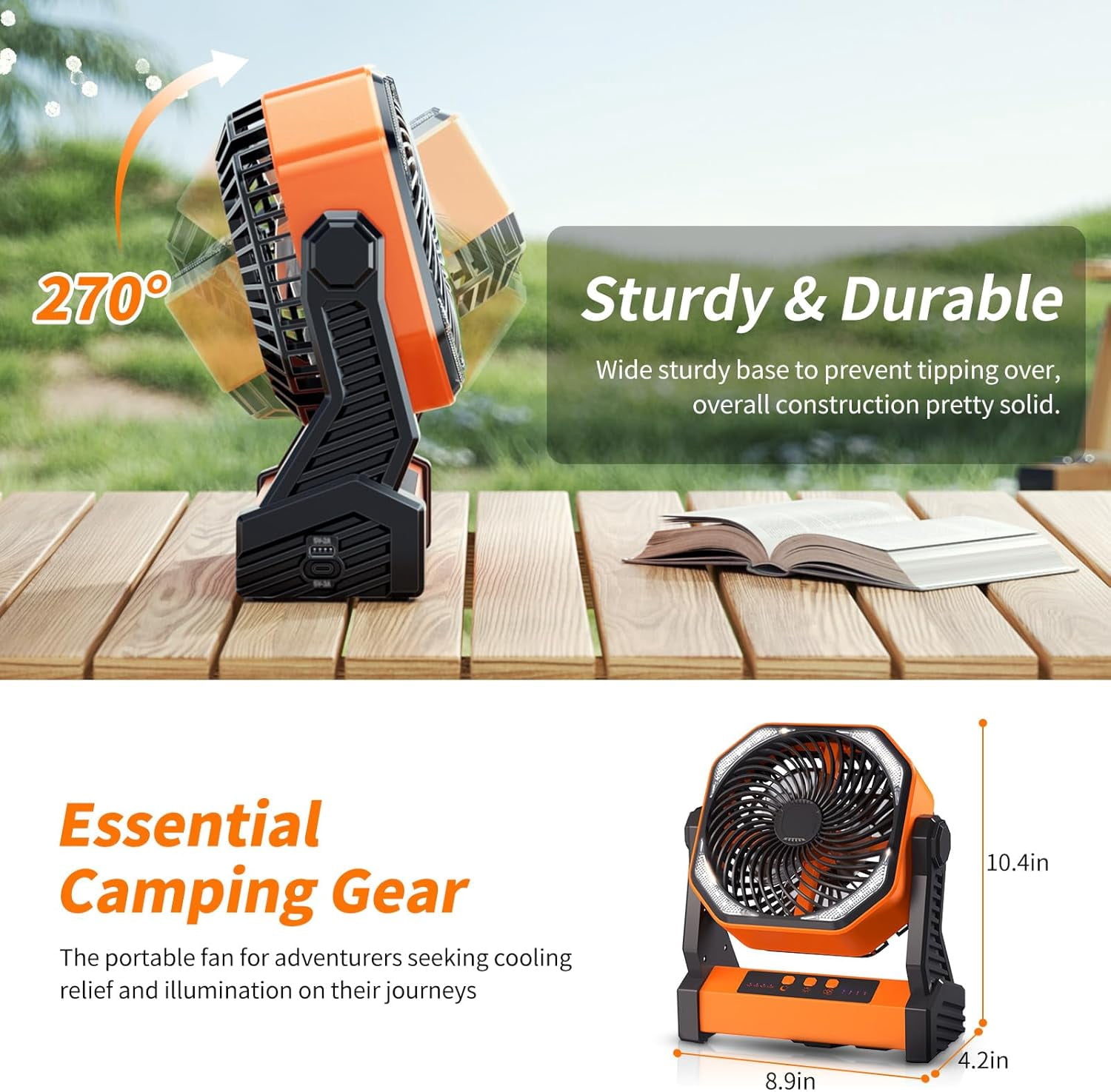 Camping LED Fan with Light, 20000mAh Rechargeable Battery Powered Outdoor Tent Fan with Light and Hook, 4 Speed, Personal USB Desk Fan for Camping, Fishing, Power Outage,Hurricane, Worksite