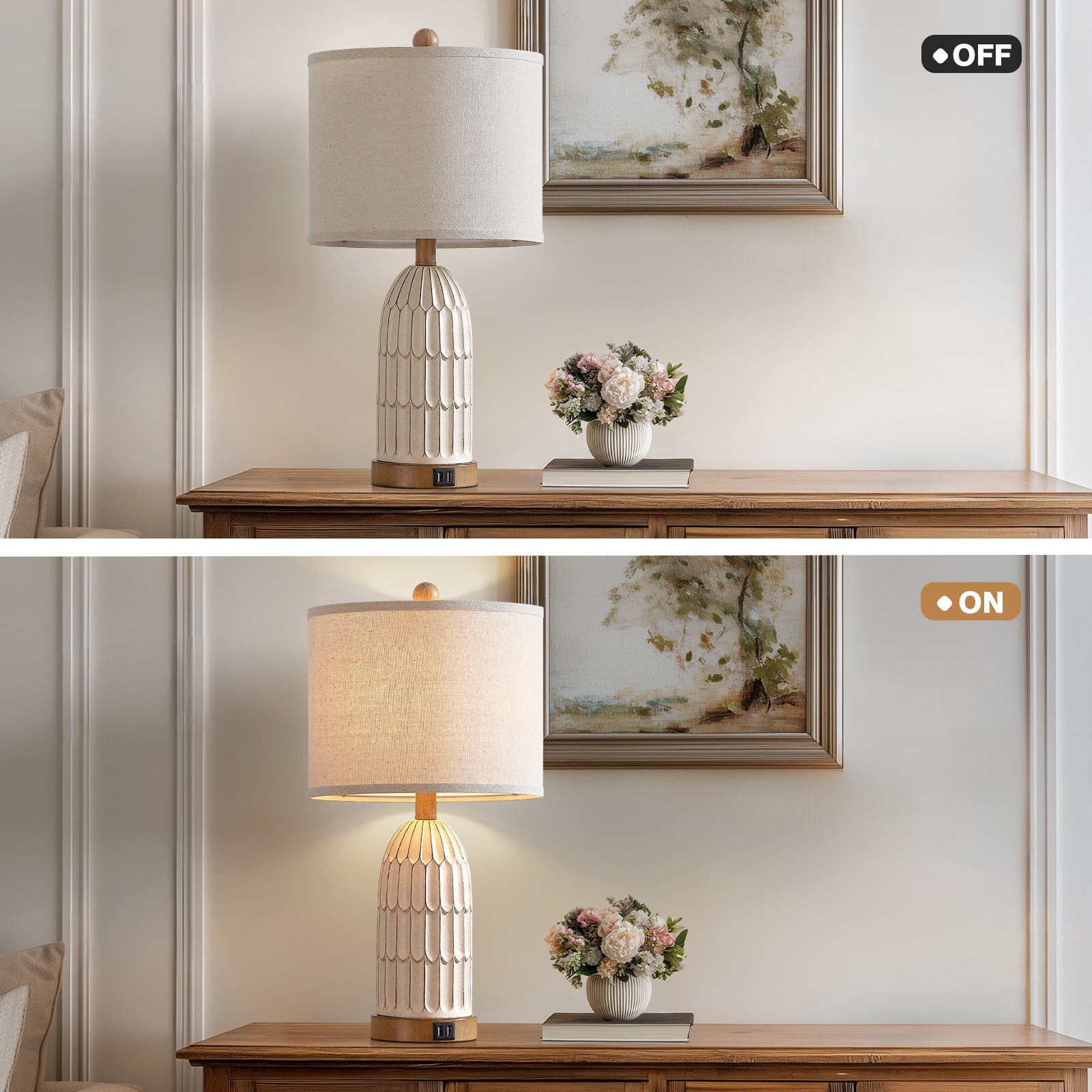 Lolikit Rustic 3 Way Dimmable Touch Table Lamps Set of 2 for Bedroom Living Room 22" Farmhouse Resin Nightstand Bedside Lamp with USB Ports