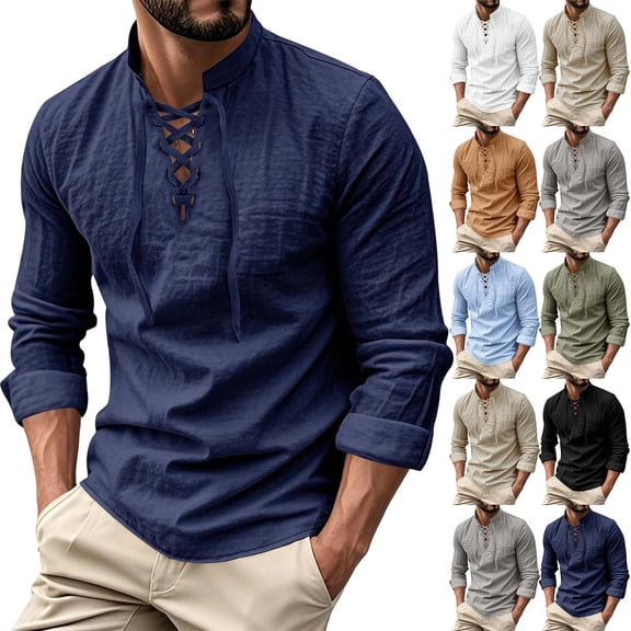 Men Fall Blouse Mineart Men Solid Stand Collar Linen Shirts Long Sleeve Lightweight Beach Pullover Tops Casual Breathable Loose Henley Shirts for All Season