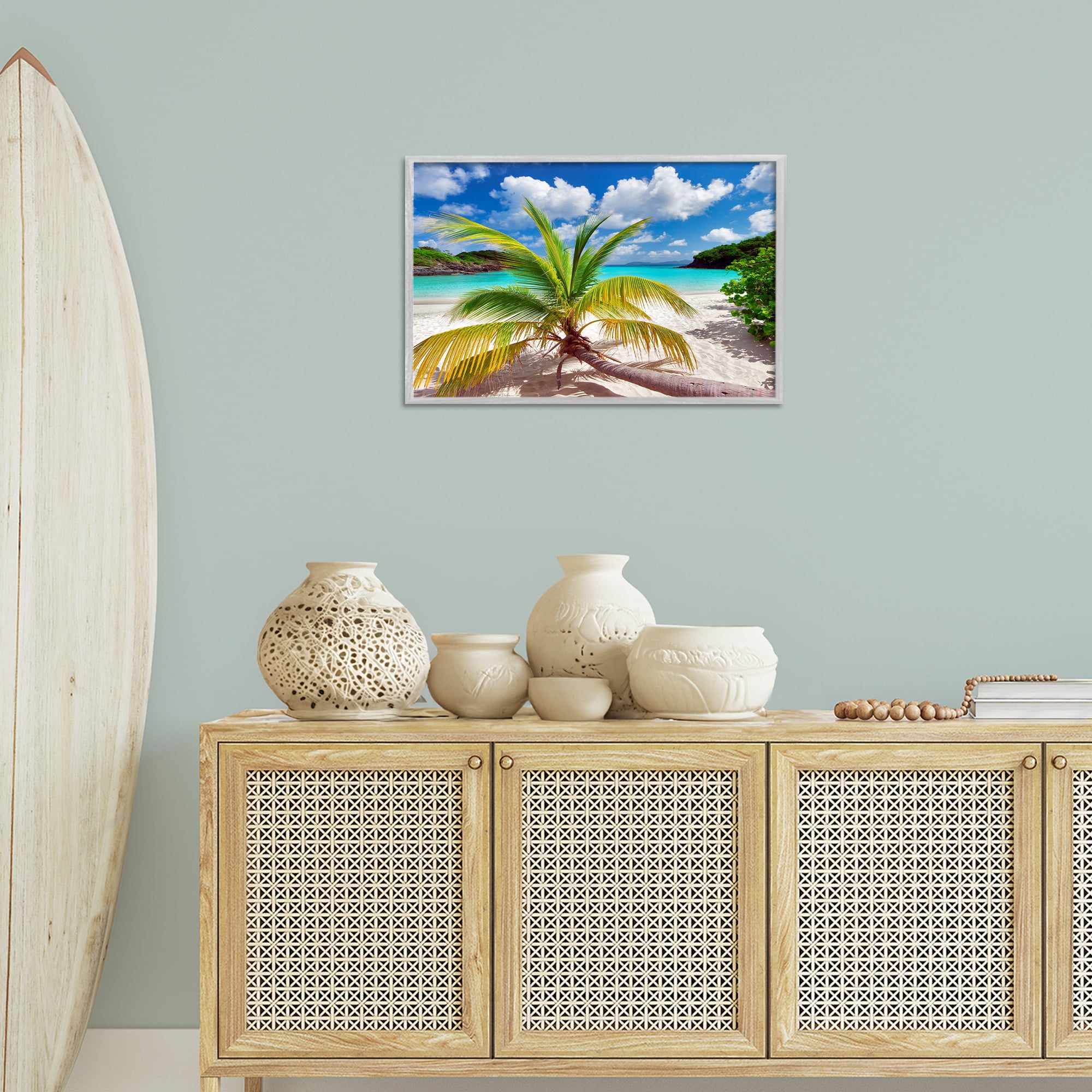 Stupell Industries Palm Tree Across Beach Coastal Photography Gray Framed Art Print Wall Art, 24 x 16