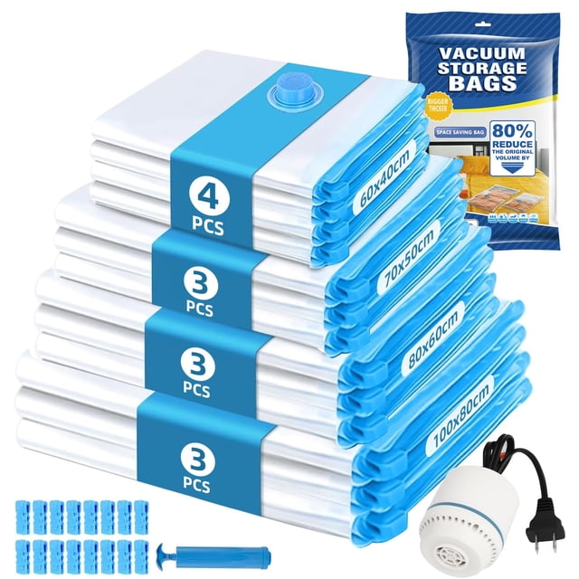 Bolsas de Vacío de 13 Piezas con 1 Bomba Electrica,reutilizables bolsas de compresión de ahorro de espacio,Bolsas de almacenamiento de compresión al vacío,p