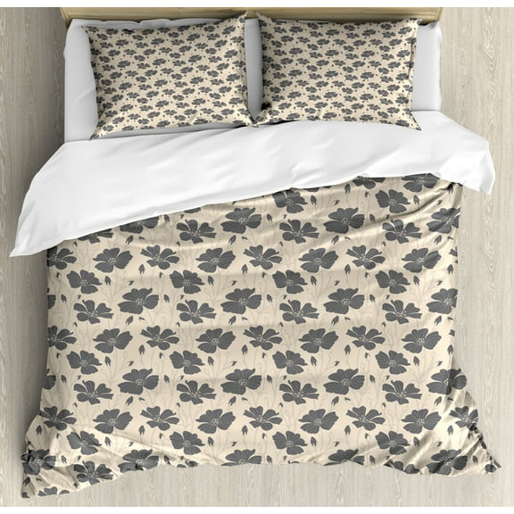 Spring Queen Size Duvet Cover Set, Blossoming Flowers with Sketch Buds and Leaves on Beige Background, Decorative 3 Piece Bedding Set with 2 Pillow Shams, Charcoal Grey and Beige, by Ambesonne