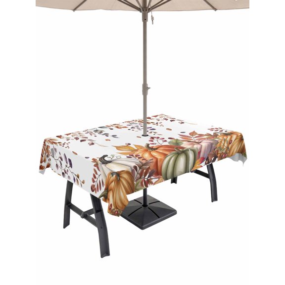 Outdoor Tablecloth with Umbrella Hole and Zipper, Vintage Fall Rectangle Table Cloth 60x102 Inch Waterproof Tablecloth, Orange Sage Green Pumpkins Thanksgiving Picnic Table Cover for Patio Camping