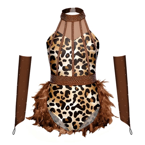 iixpin Girls Sequin Jazz Bodysuit, Printed Leotard with Arm Sleeves for Competition Dancewear Brown 10