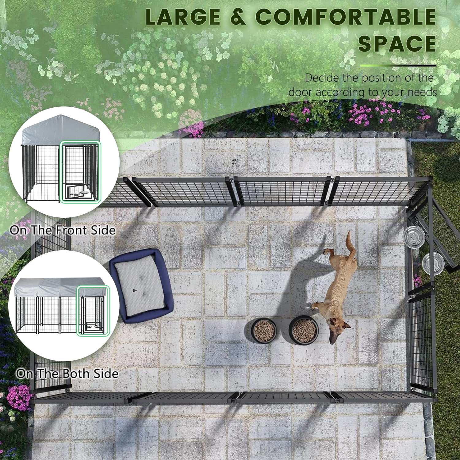 Waleaf 8x4x4 ft Outdoor Dog Kennel Cage for Large Dogs,Large Dog Kennel with Rotating Bowls for Outdoor,Pet Dog Run Enclosures for Dog Crate with Waterproof UV-Resistant Cover and Secure Lock
