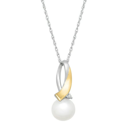 Duet Freshwater Pearl Drop Pendant Necklace with Diamonds in Sterling Silver and 14kt Gold