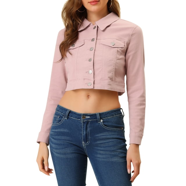 Chaqueta de mezclilla recortada de una sola botonadura de manga larga clásica para mujer Allegra K XS Rosa