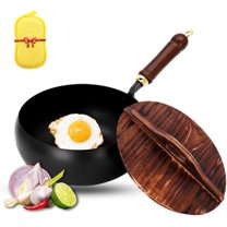 Suntup Iron Pan, Uncoated Iron Pan, Suntup Frying Pans, 9.45 Inch Hand-Forged Non-Stick iron pans without Coating Durable and Rust-Free, Japanese Non-Stick Pans for Cooking (Hammer-Wood Cover)